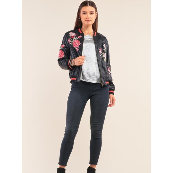 Rose Embroidery Vegan Leather Jacket NWT - Picture 2 of 4